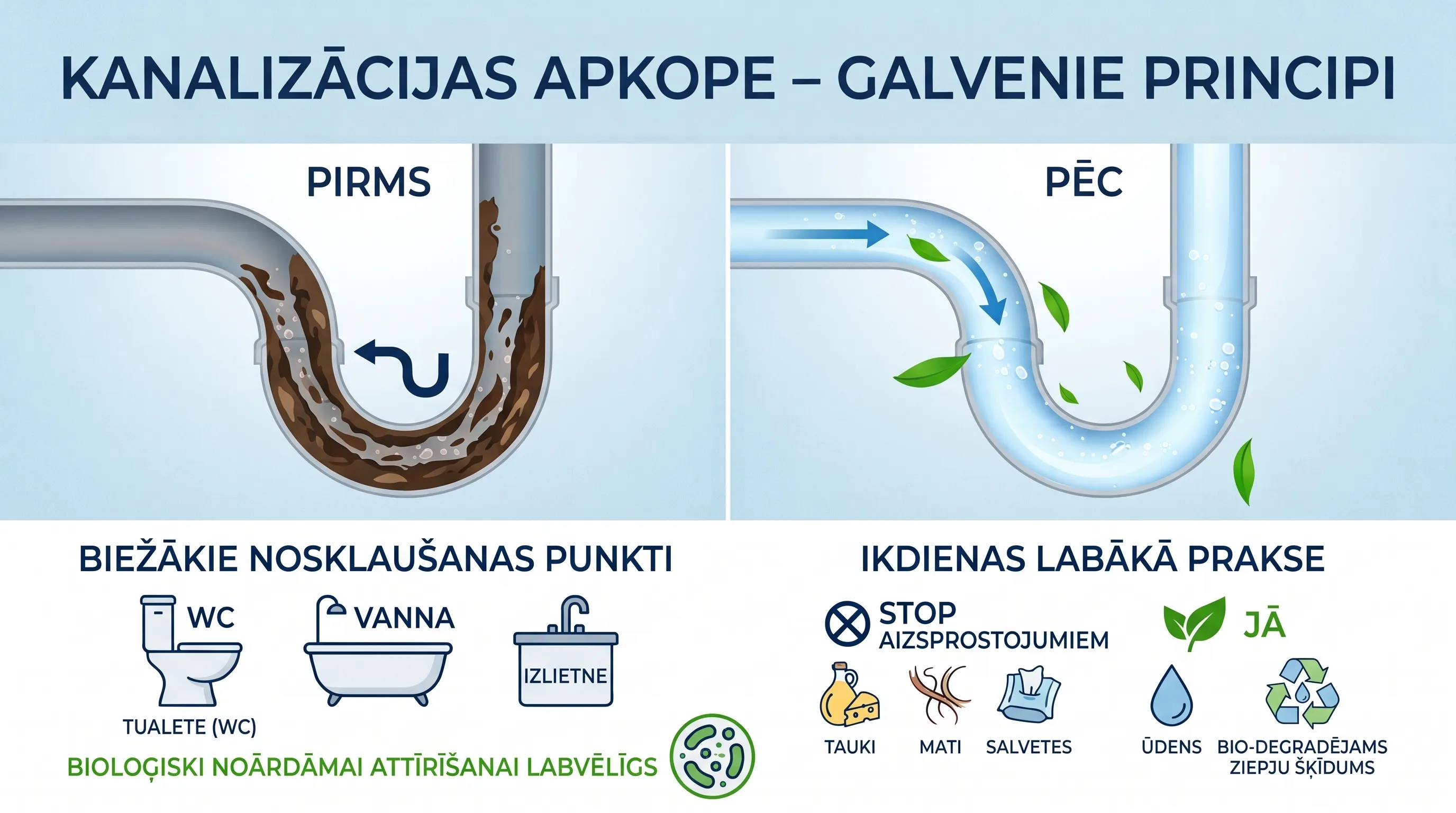 Kanalizācija nav atkritumu tvertne: kā ikdienas paradumi ietekmē bioloģisko attīrīšanas iekārtu